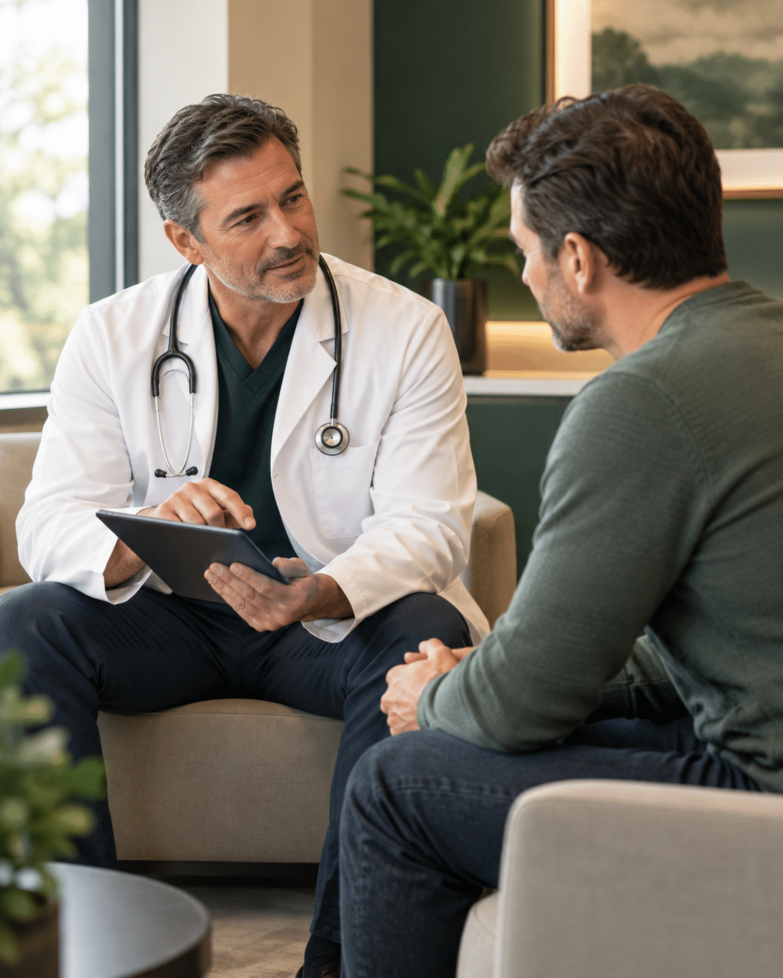 Physician discussing a confidential treatment plan with a male patient